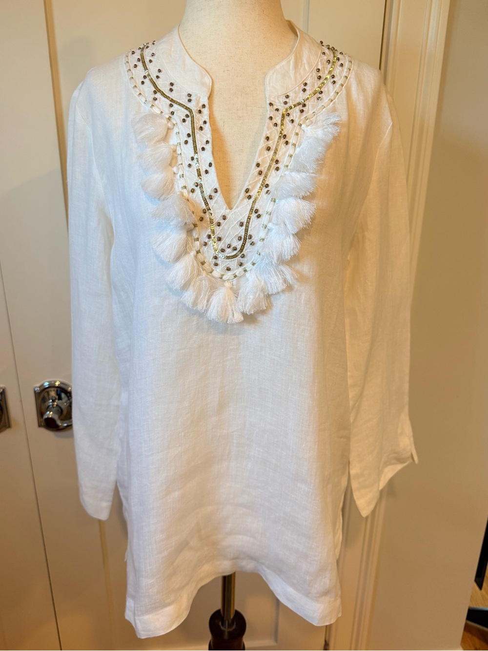 Lilly Pulitzer White Linen Tassel Tunic with Gold Bead Embroidery